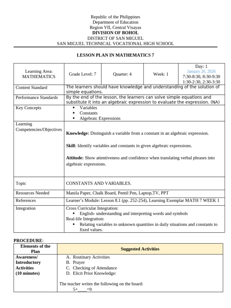Math 7-Q4-W1D1 Lesson Plan | PDF | Variable (Mathematics) | Mathematics
