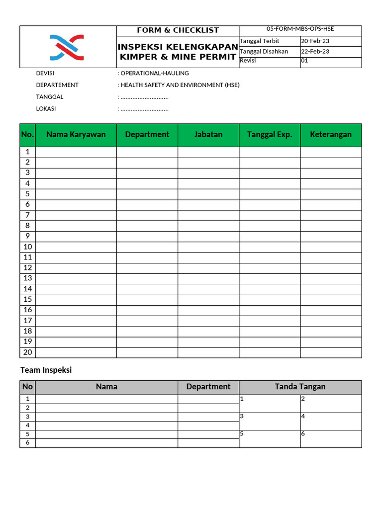 05-Fom-Mbs-Ops-Hse - Inspeksi Id Kimper & Mine Permit | PDF