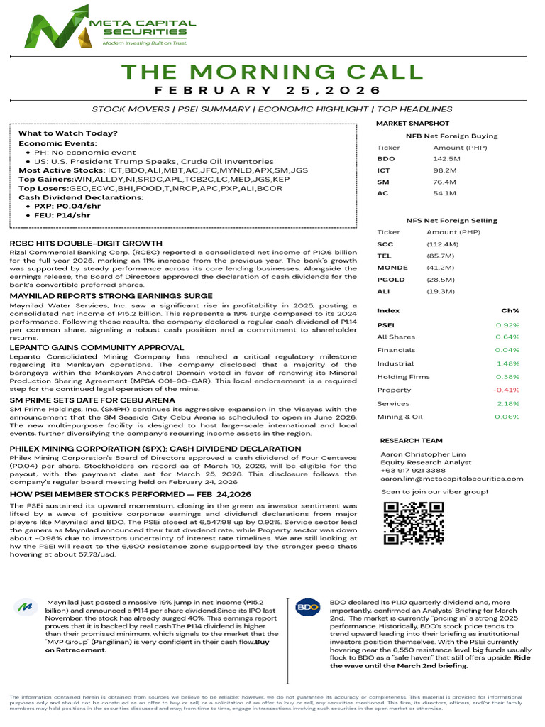 MCS The Morning Call February 25,2026 | PDF | Dividend | Stocks