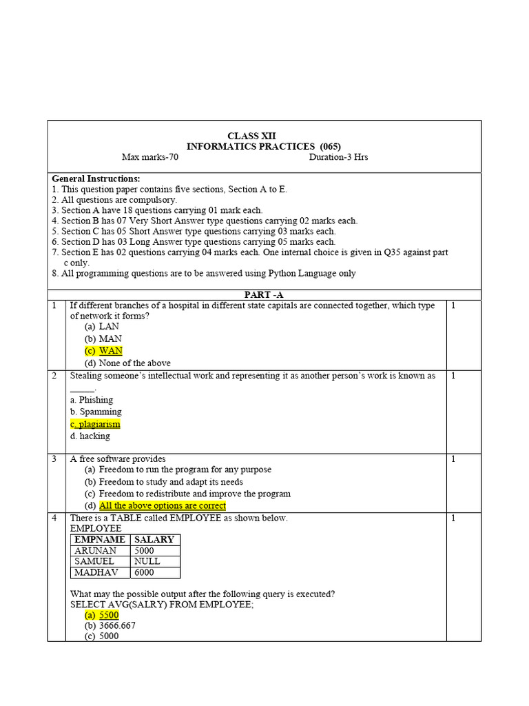 XII Sample Paper-3 Answer Key | PDF | Computer Network | Network Topology