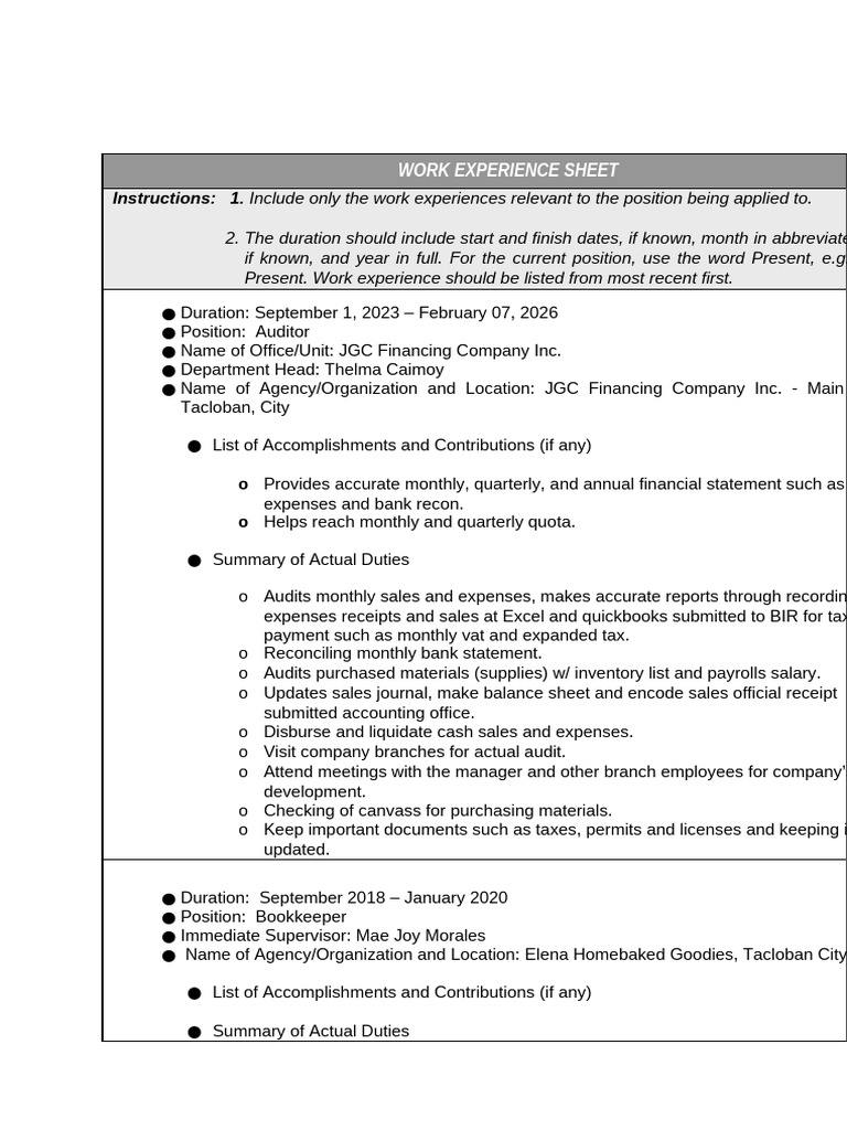 CS Form No. 212 Attachment - Work Experience Sheet For Print | PDF ...