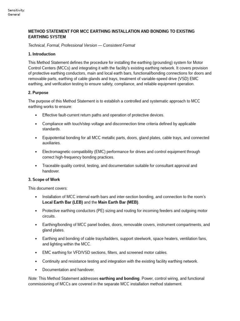 Method Statement For MCC Earthing Installation and Bonding To Existing ...