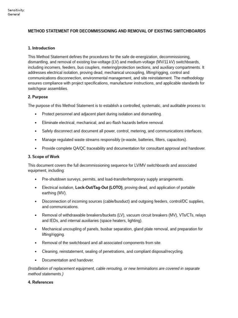 Method Statement For Decommissioning and Removal of Existing ...