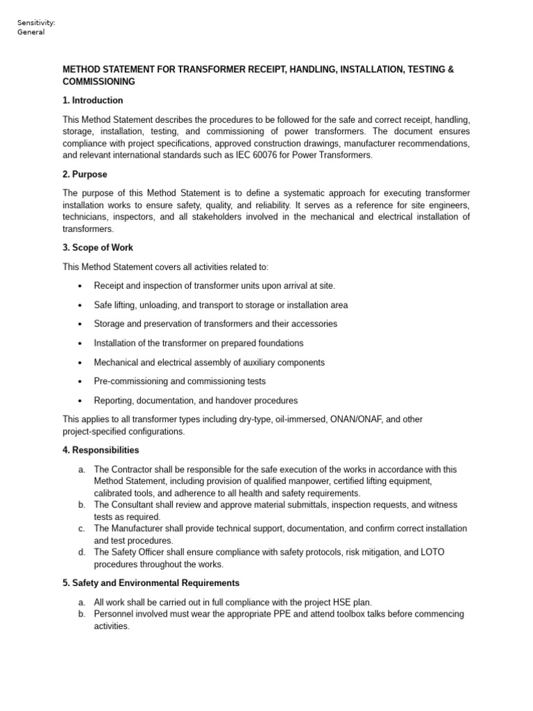 Method Statement For Transformer Receipt | PDF | Safety | Transformer