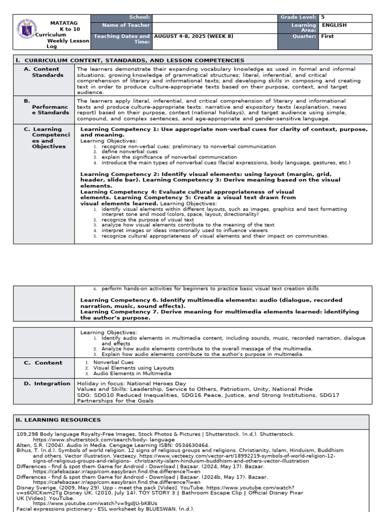 DLL Matatag - English 5 Q1 W8 | PDF | Nonverbal Communication | Body ...