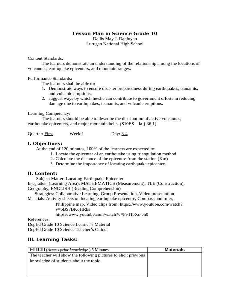 Lesson Plan in Science Grade 10 | PDF | Earthquakes | Learning