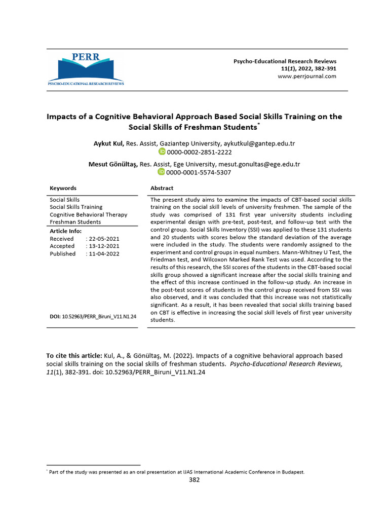 Impacts of A Cognitive Behavioral Approach Based Social Skills Training ...