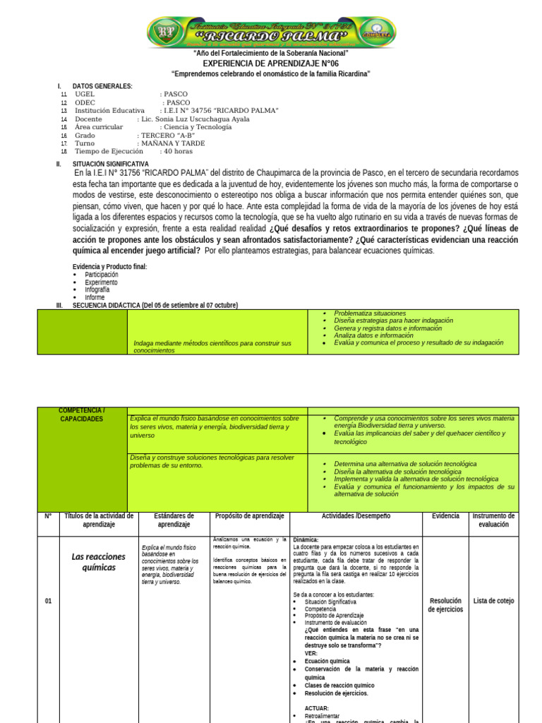 EXPERIENCIA DE APRENDIZAJE TERCER GRADO N°6 | PDF | Evaluación ...