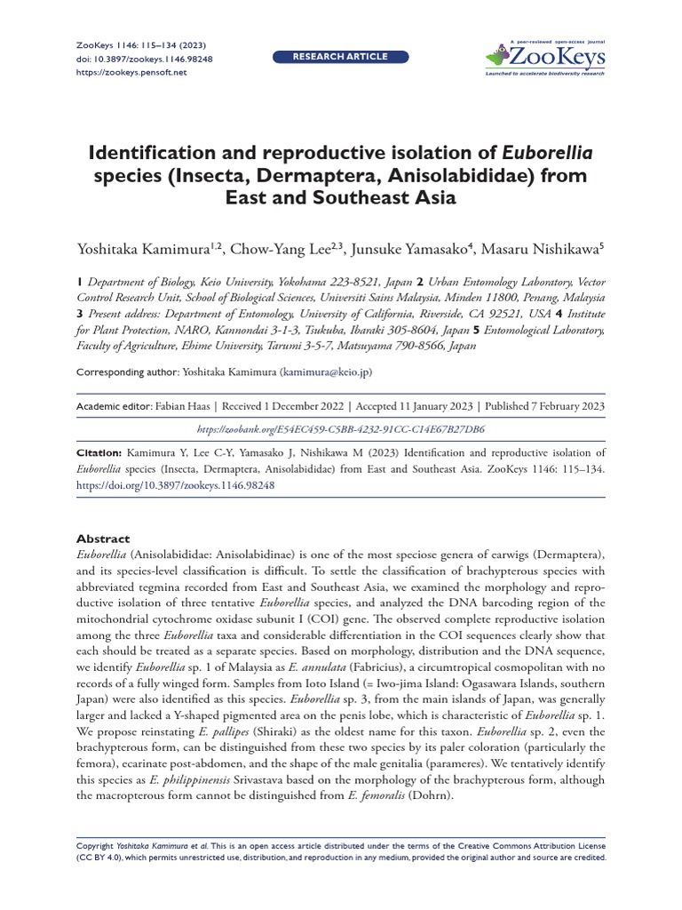 Identification and Reproductive Isolation of Euborellia Species Insecta ...