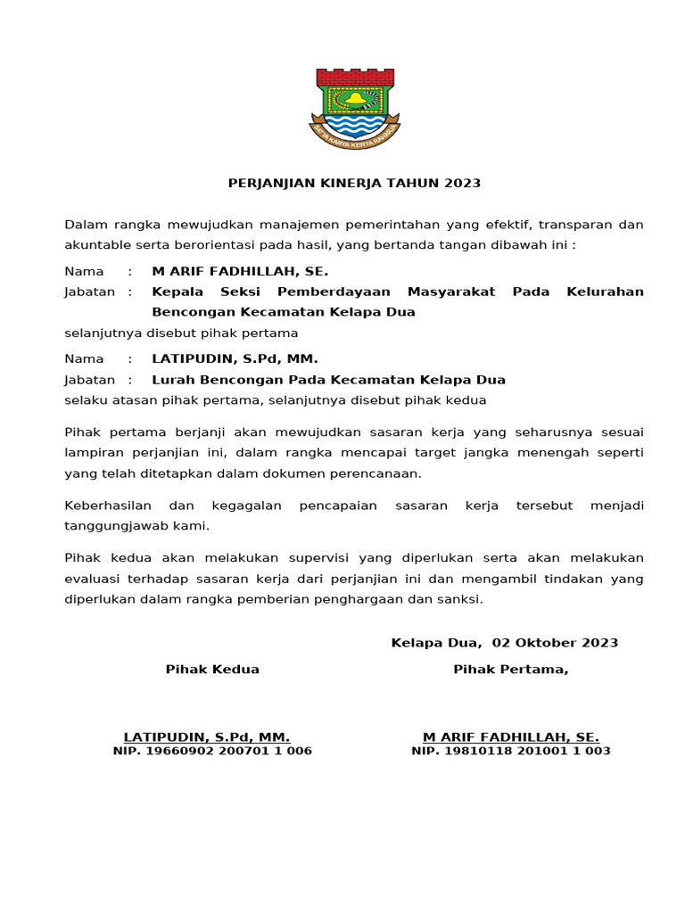 Perjanjian Kinerja Individu Tahun 2023 Arif | PDF