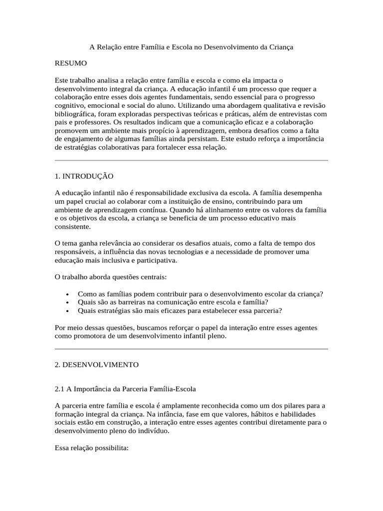 A Relação Entre Família e Escola No Desenvolvimento Da Criança | PDF ...