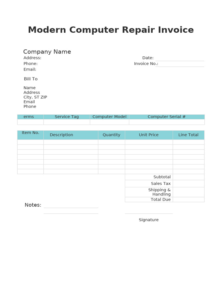 Modern Computer Repair Invoice - A4 | PDF