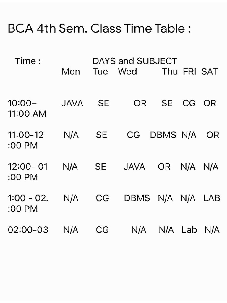 BCA 4th Semester Time Table | PDF