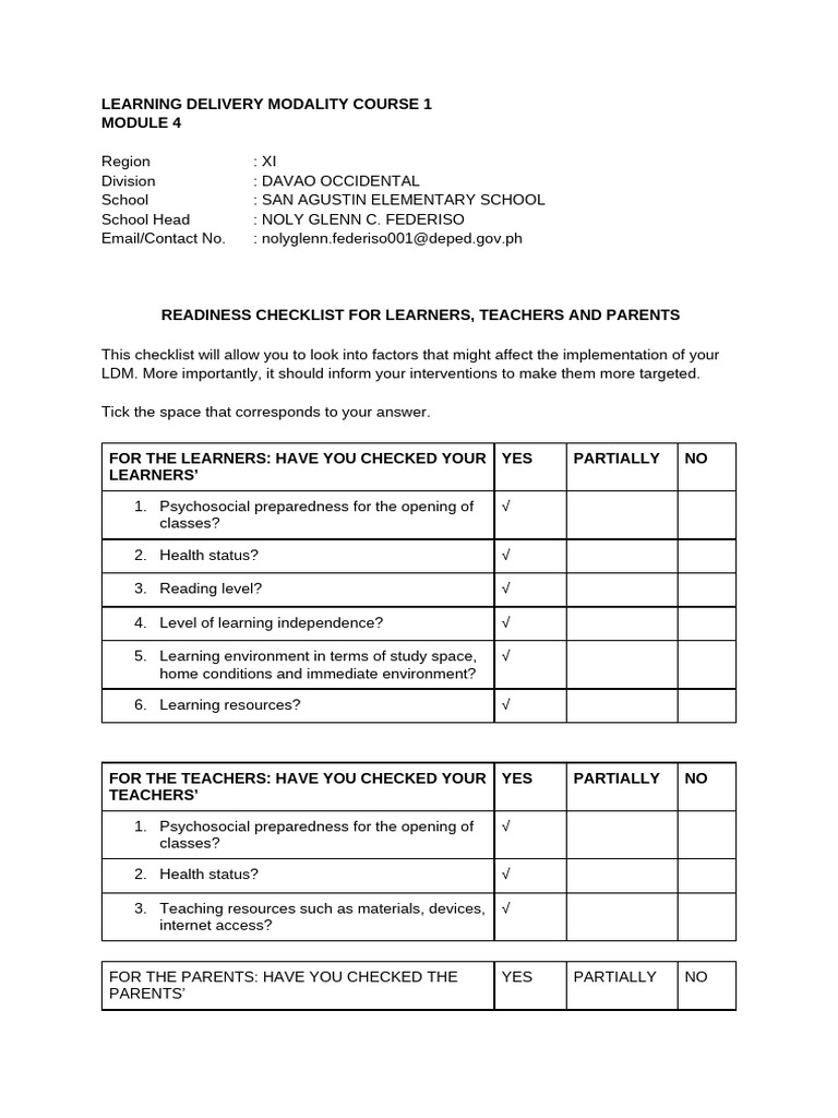 LDM1 Module 4 Readiness Checklist For Learners Teachers and Parents | PDF