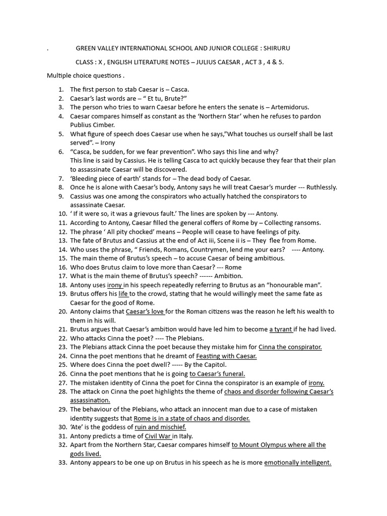 Grade X Julius Caesar Notes | PDF | Mark Antony | Augustus