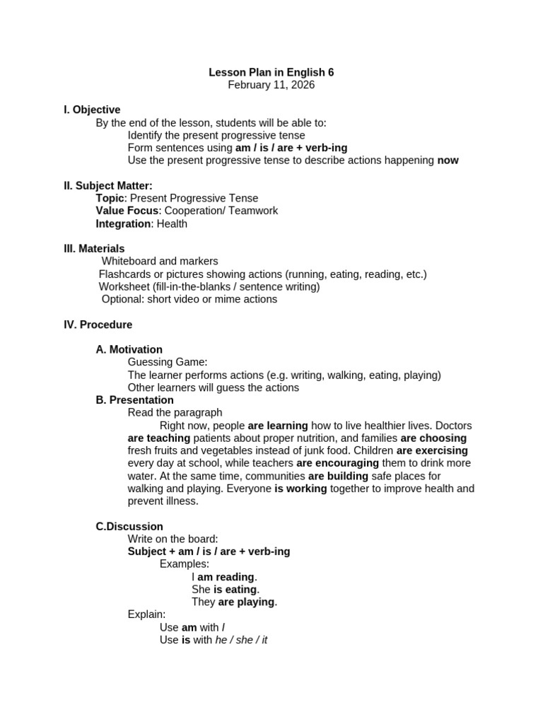 Lesson Plan in English 6 - Present Progressive | PDF