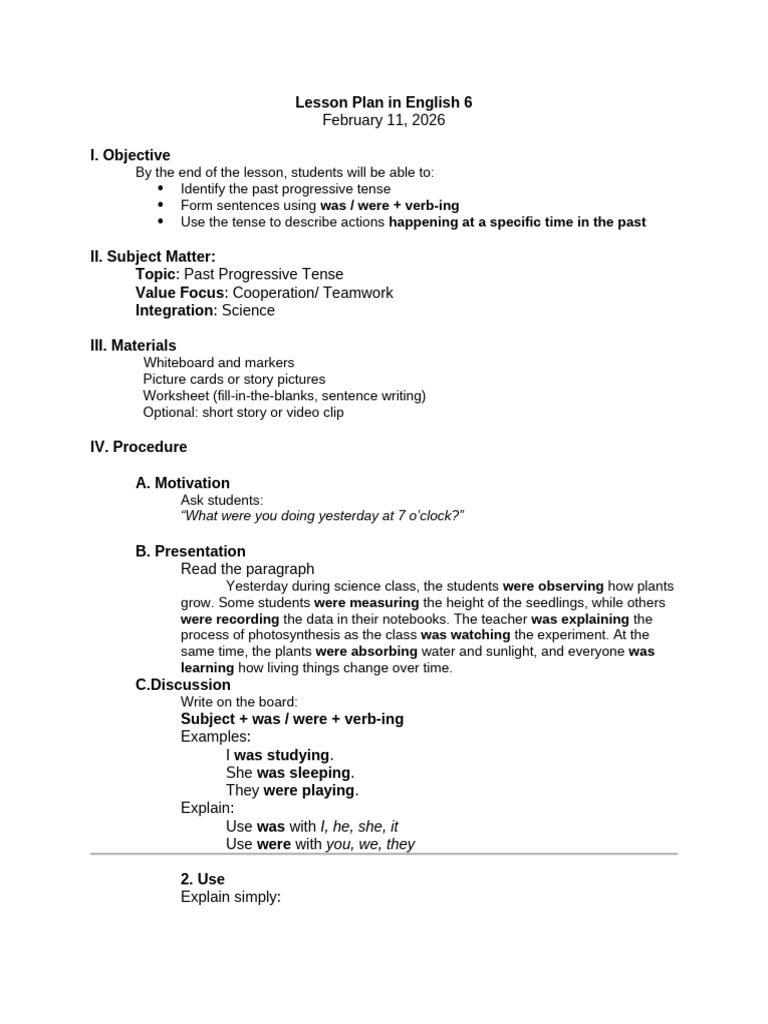 Lesson Plan in English 6 - Past Progressive | PDF | Lesson Plan ...