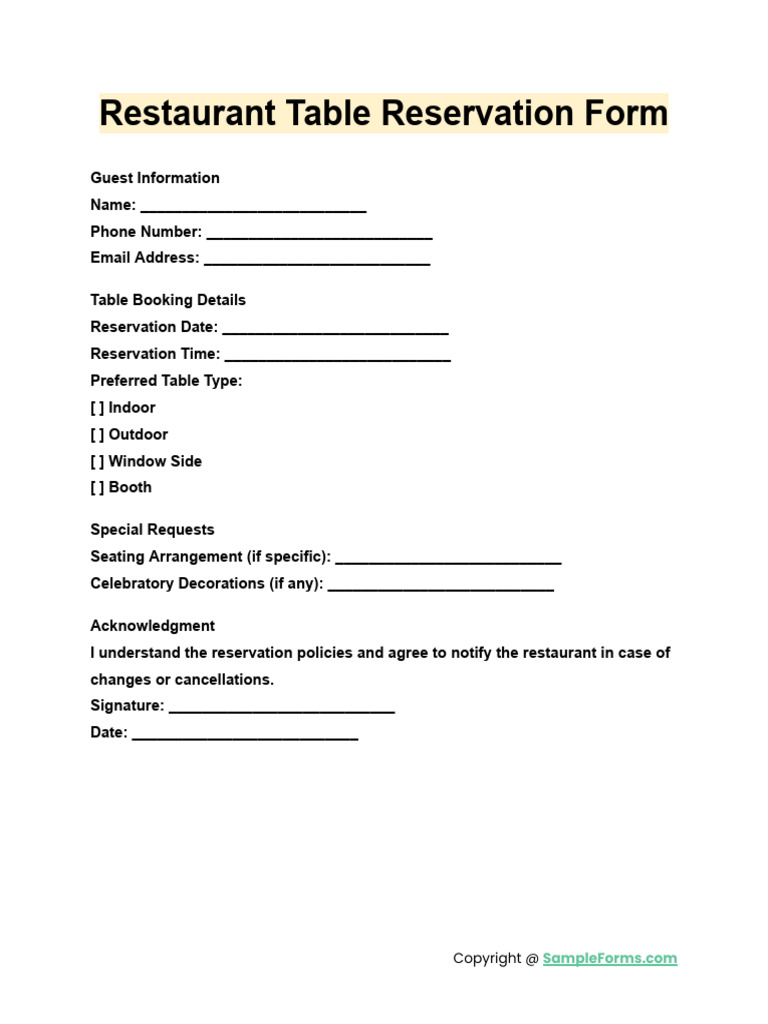 Restaurant Table Reservation Form | PDF