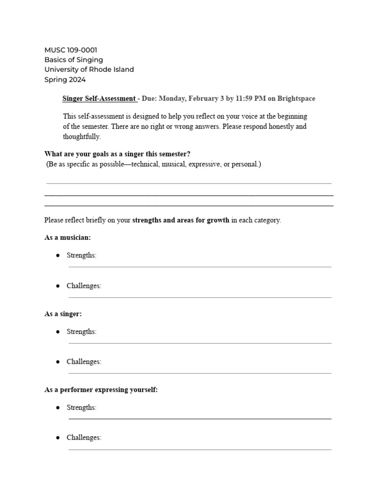 Basics of Singing Self Assessment Spring 2026 | PDF | Singing | Vocal ...