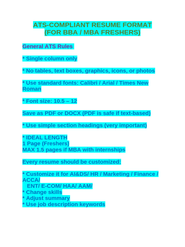 Sample Resume Format BBA - MBA | PDF