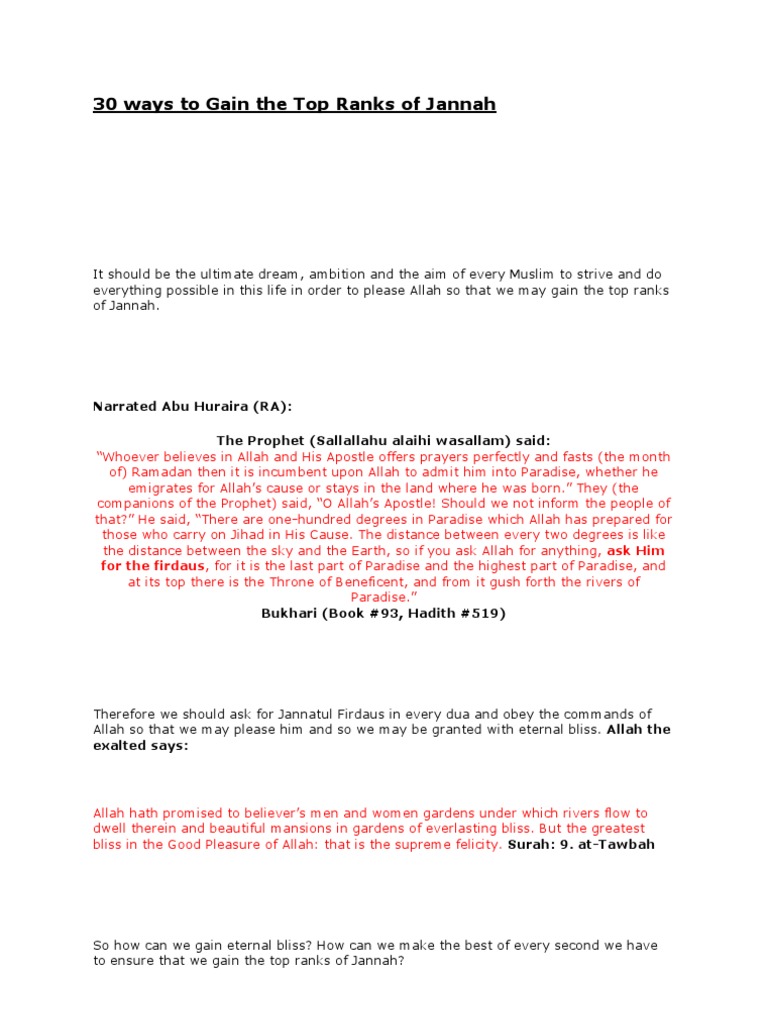 30 Ways To Gain The Top Ranks of Jannah PDF God In Islam Prophets