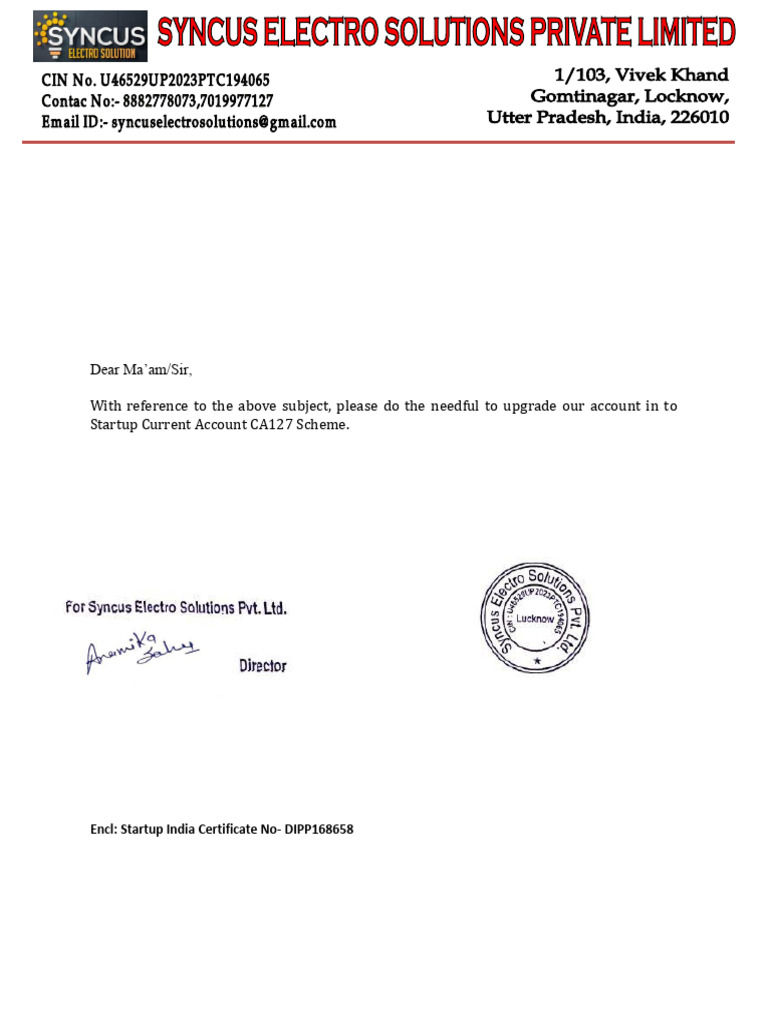Letter Upgrade Current Account DPIIT | PDF