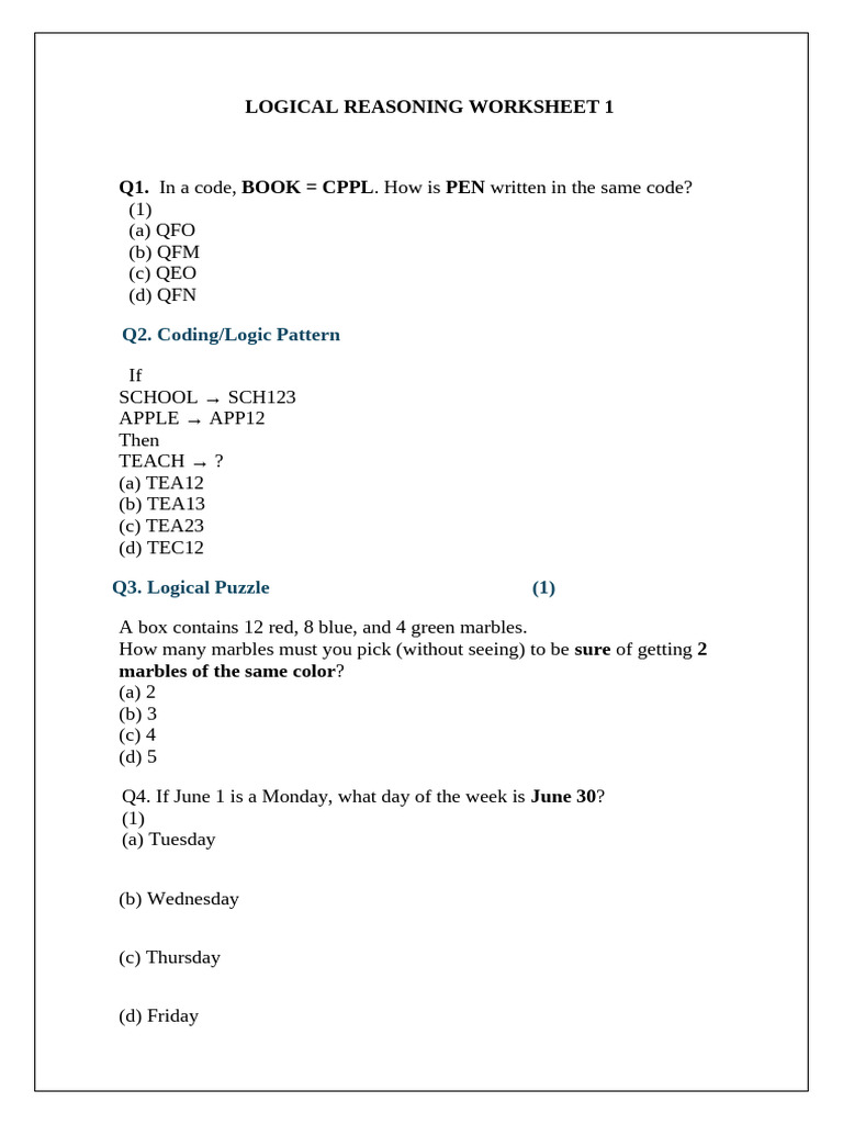 Logical Reasoning Sheet 1 (22.1.2026) 1 | PDF