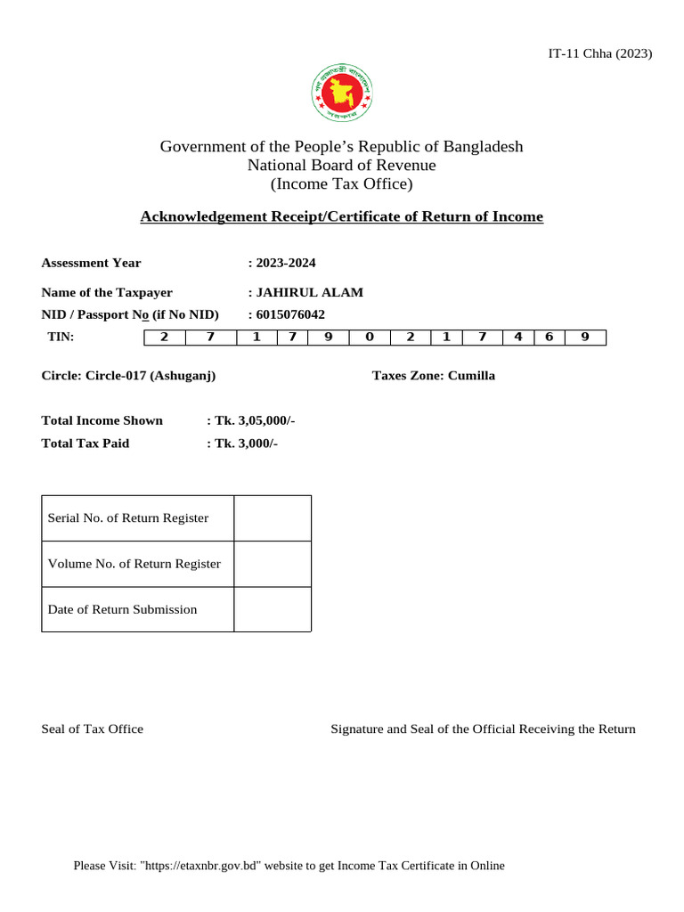 Acknowledgement Receipt or Certificate of Return of Income | PDF