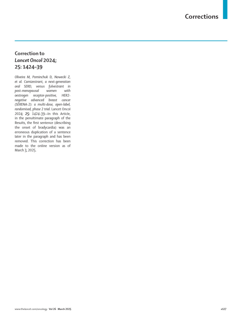 Correction To Lancet Oncol 2024 25 1424-39 Lanon | PDF