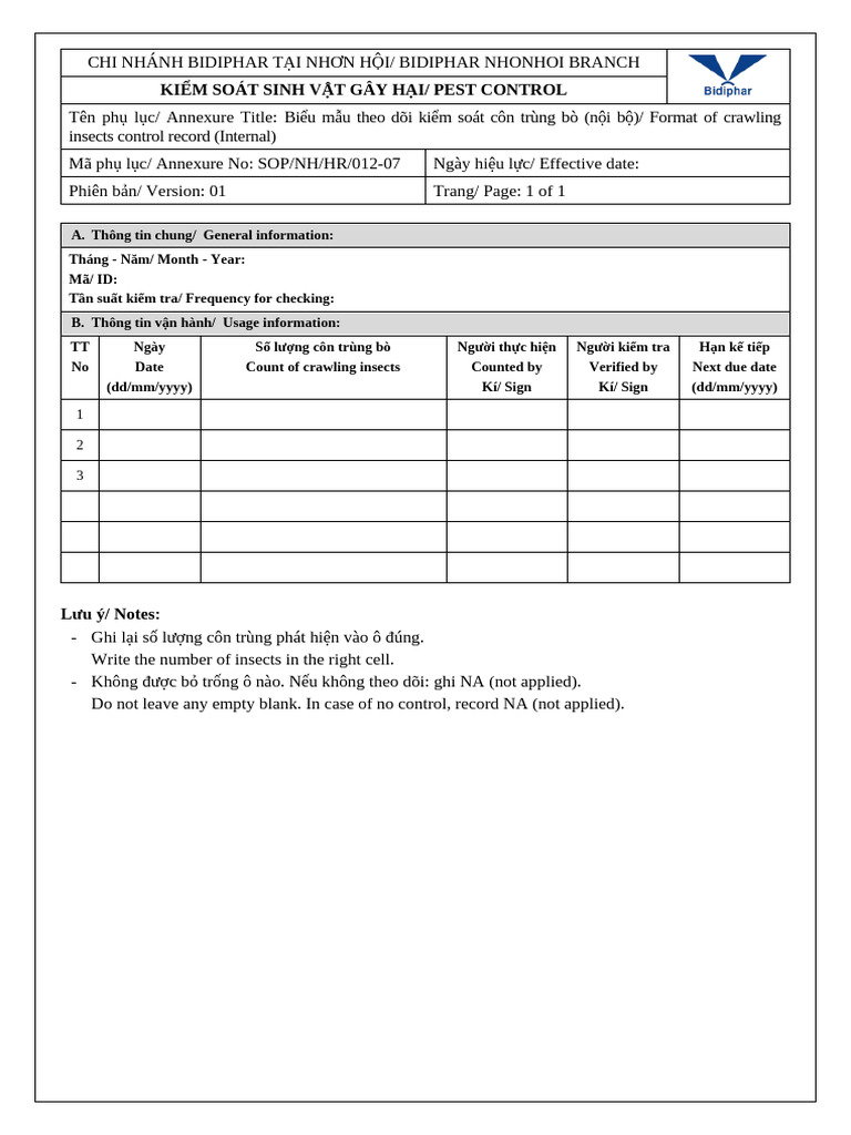 SOP - nh.HR.012-07. Format of Crawling Insects Control Record (Internal ...