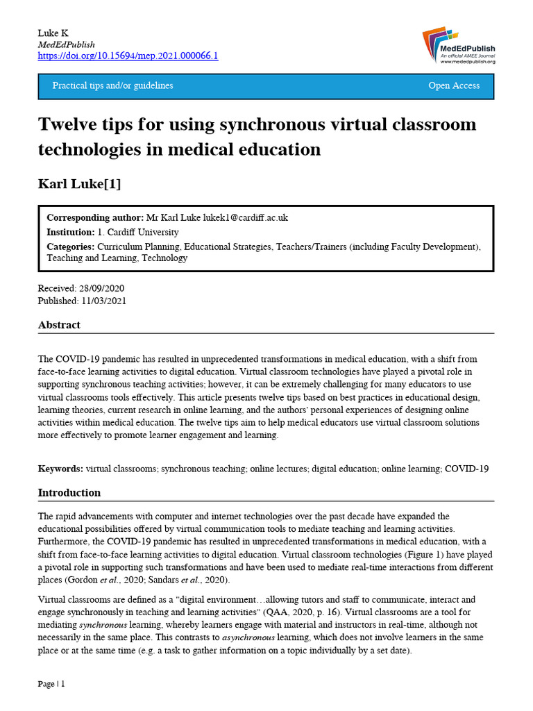 Twelve Tips For Using Synchronous Virtual Classroom Technologies in ...