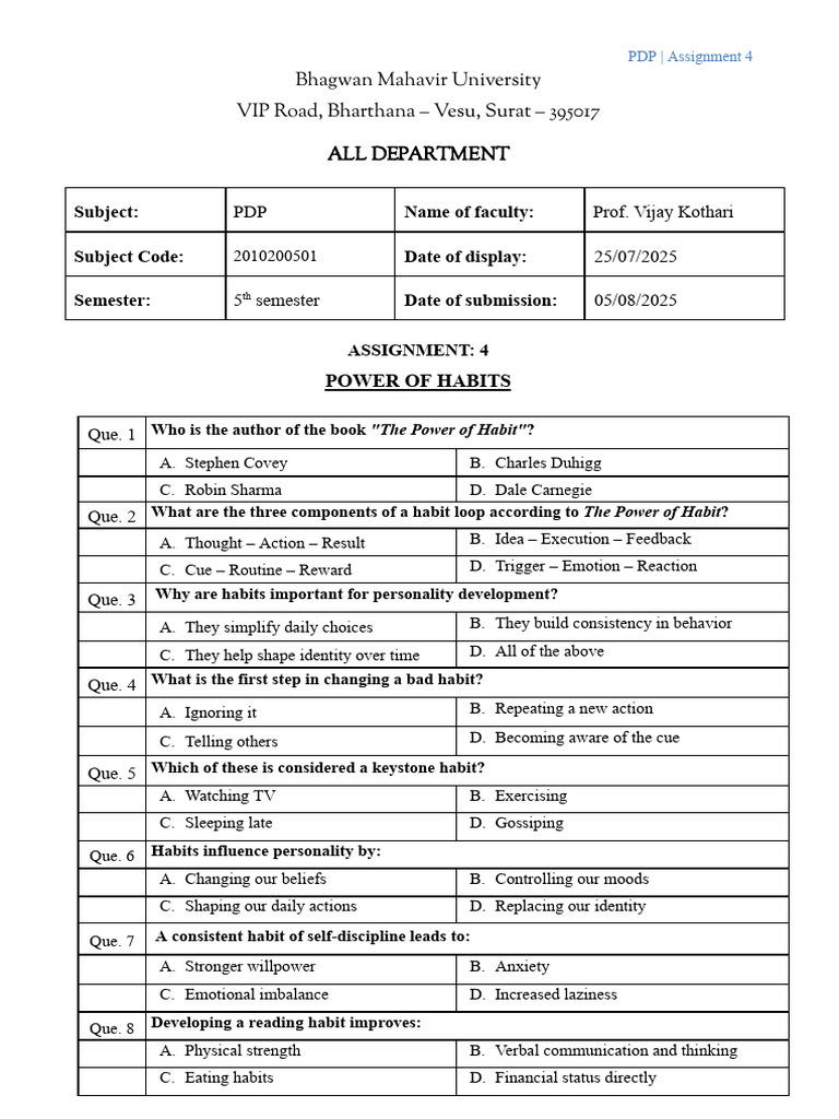 PDP Assignment 4 | PDF | Habits | Disciplines