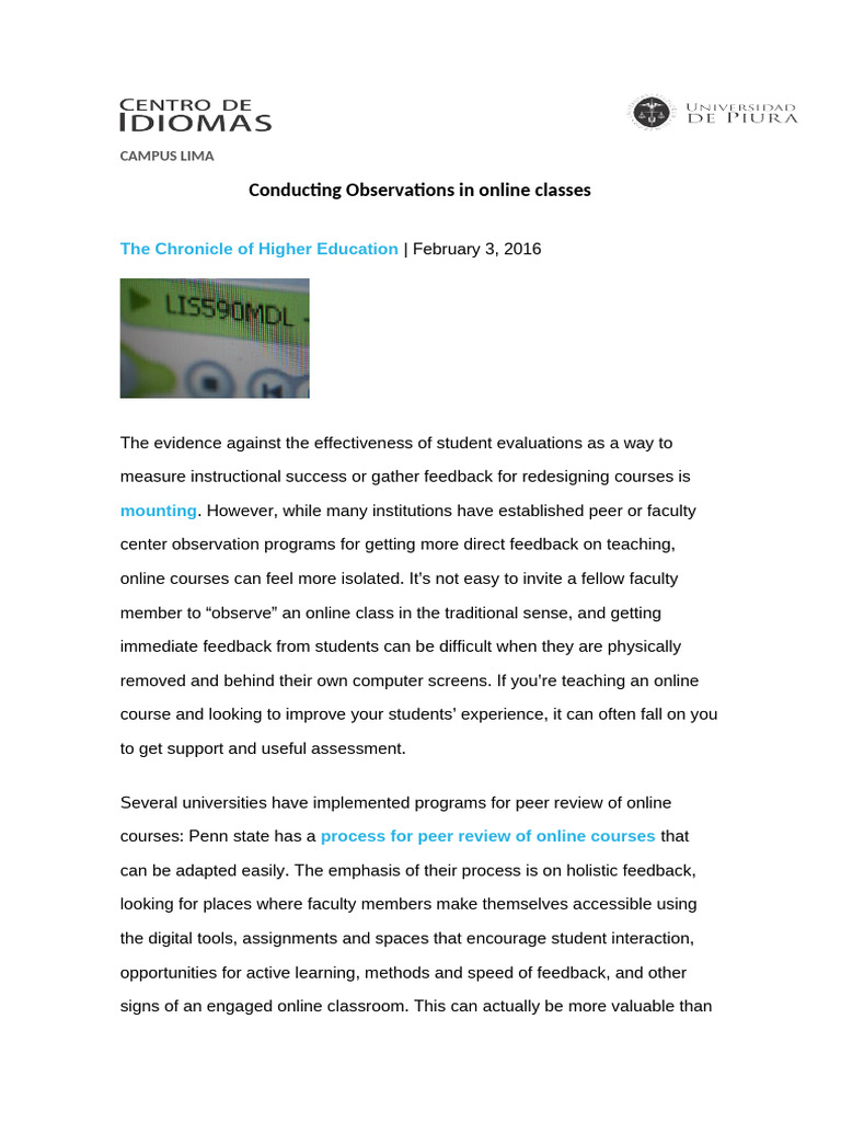 Reading 1 - Observation in Online Classes | PDF | Educational ...
