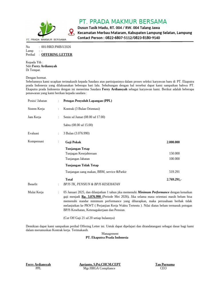 Offering Letter Format PMB | PDF