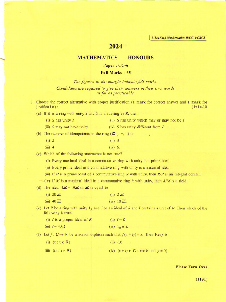 Maths (H) 2024 Sem-III Cc-6 | PDF | Ring (Mathematics) | Basis (Linear ...