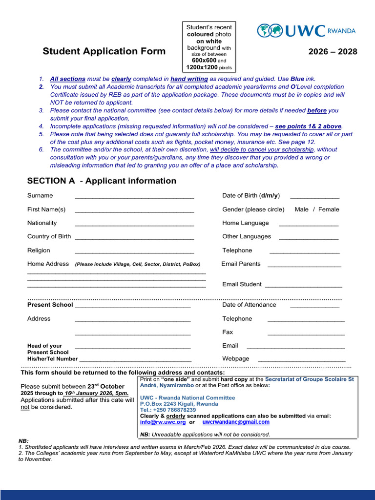 UWC Application Form 2026-2028 Sections A To G-1 | PDF