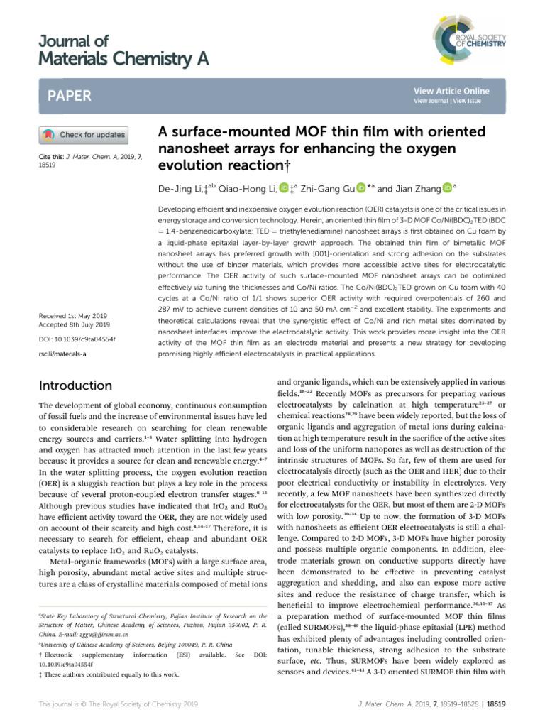 A Surface-Mounted MOF Thin Film With Oriented | PDF | Thin Film | Catalysis