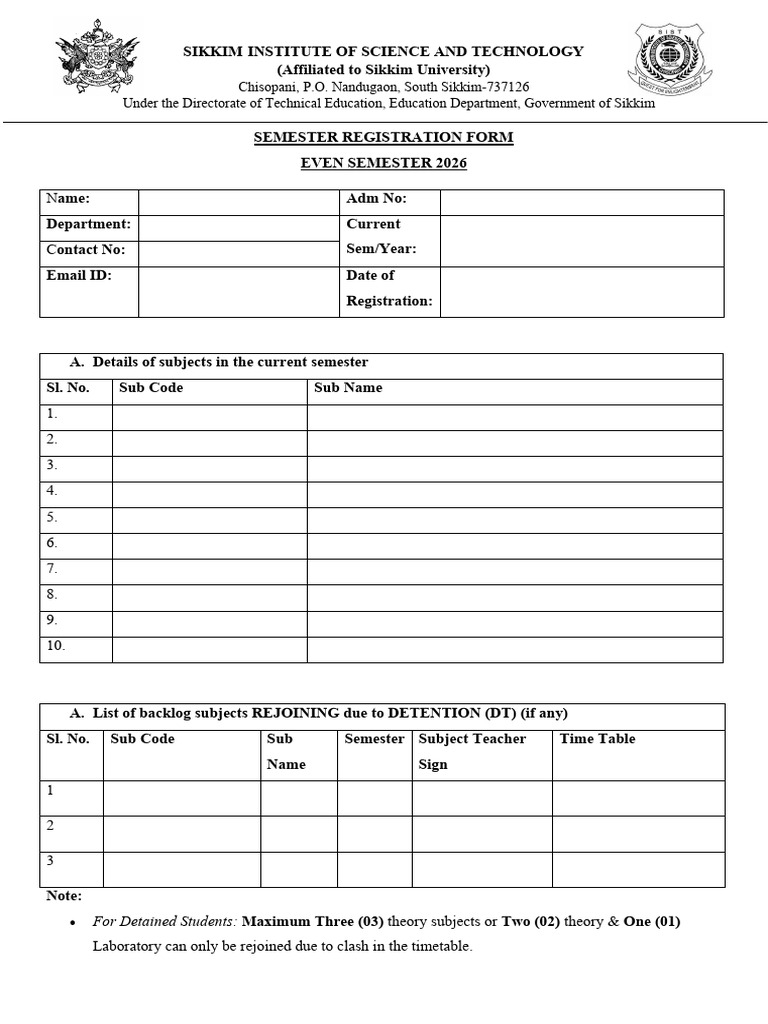 Semester Registration Form-1 | PDF | Chess Theory | Chess