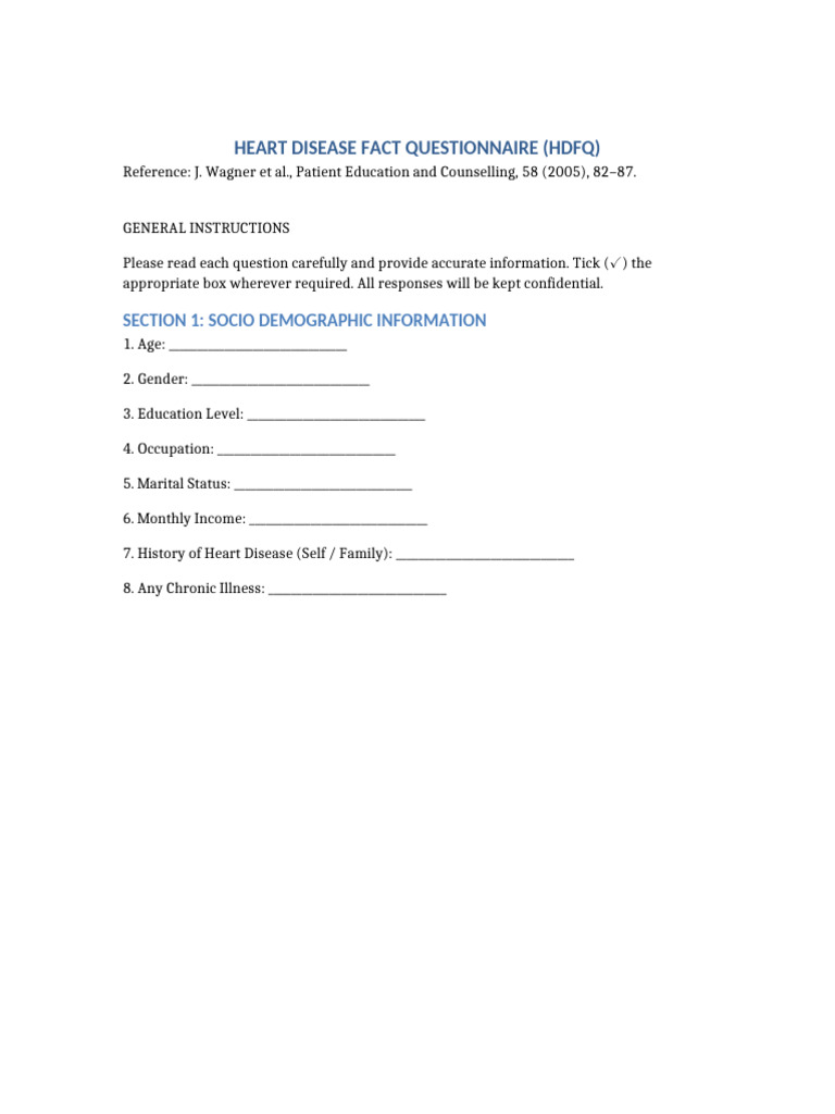 Heart Disease Fact Questionnaire HDFQ | PDF