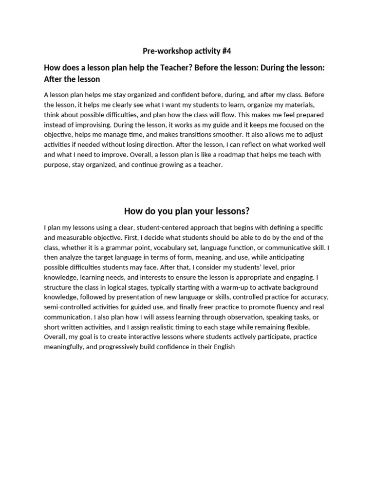 Pre Workshop 4 | PDF | Lesson Plan | Teachers