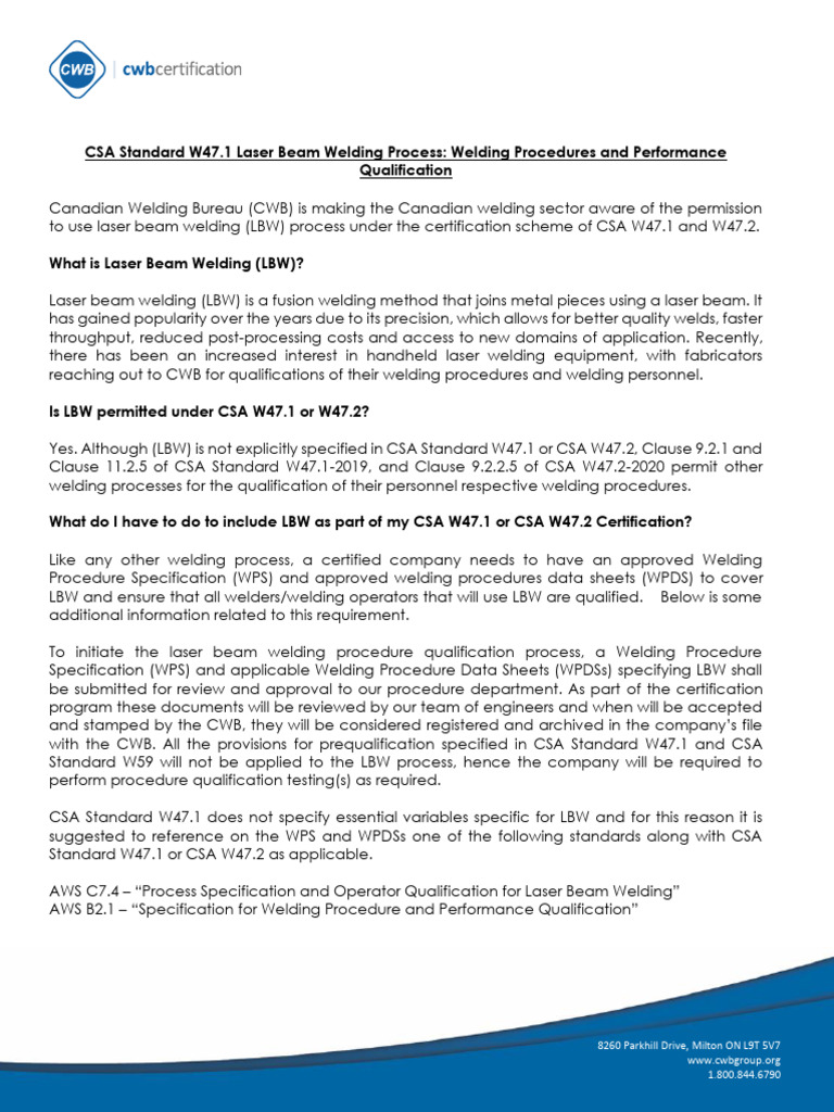 Csa Standard w47.1 Laser Beam Welding Process | PDF | Welding ...