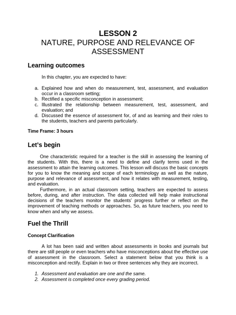 Nature Purpose and Relevance of Assessment | PDF | Educational ...