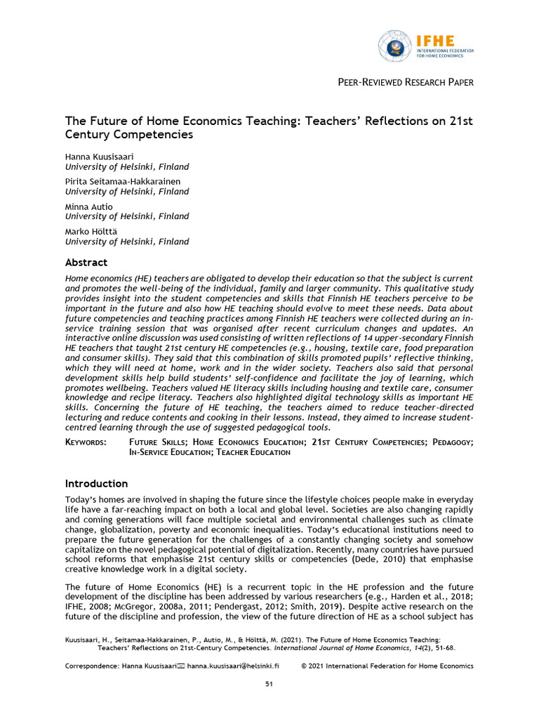 IJHE Kuusisaarietal The Future of Home Economics | PDF | Teachers ...