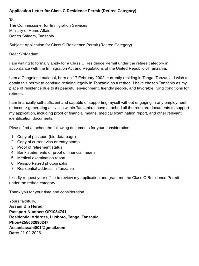Application Letter For Class C Residence Permit (Retiree Category) | PDF
