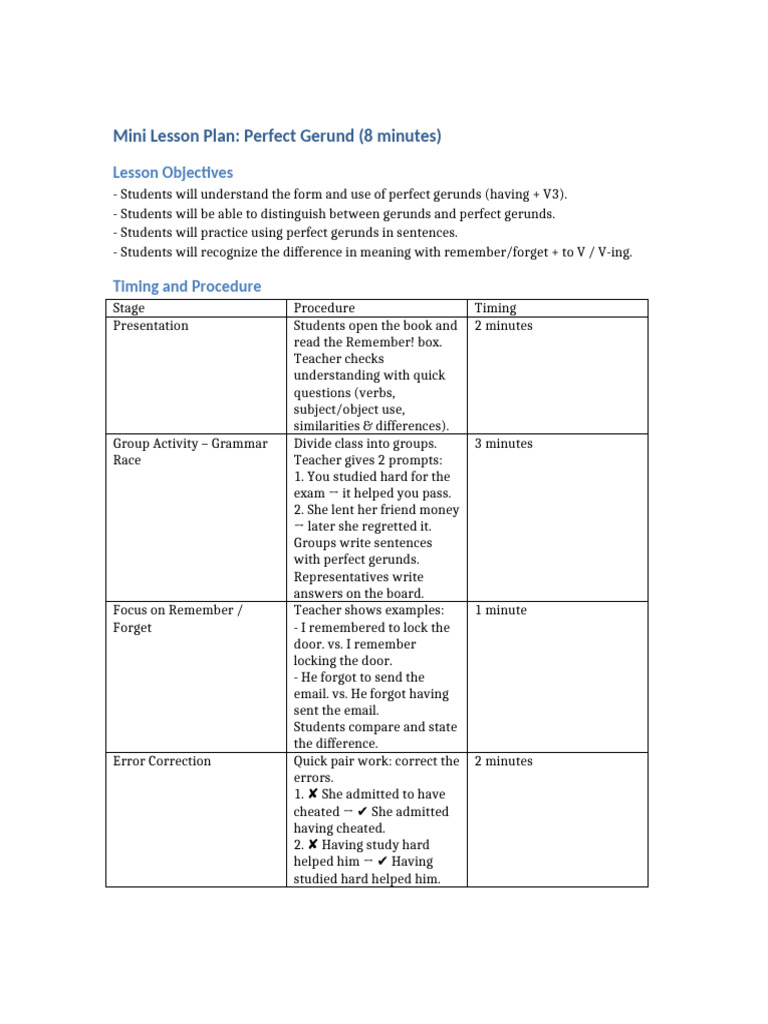 Mini Lesson Plan Perfect Gerund With Objectives | PDF