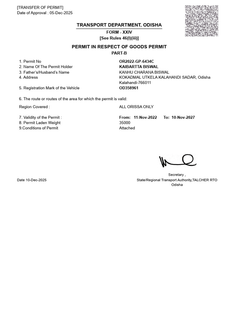 Transport Department, Odisha: Form - Xxiv (See Rules 46 (I) (Iii) ) | PDF