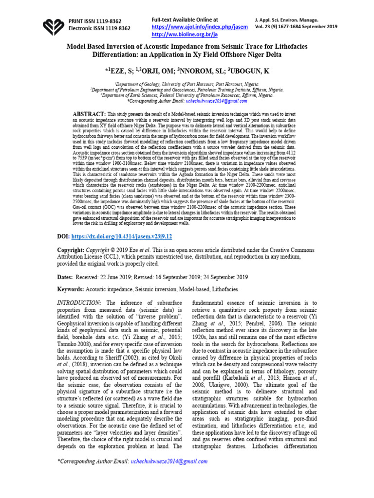 Model Based Inversion of Acoustic Impeda | PDF | Reflection Seismology ...