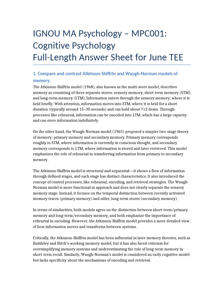 MPC001 Cognitive Psychology All Full Answers | PDF | Memory | Long Term ...