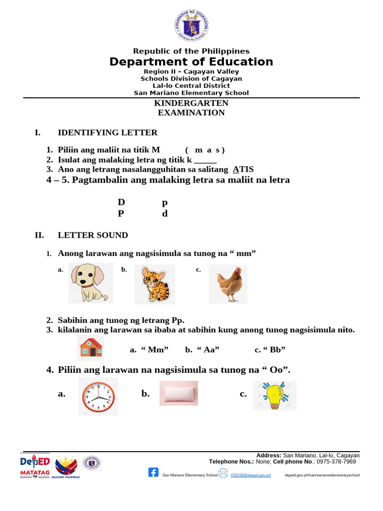 Kindergarten Exam | PDF