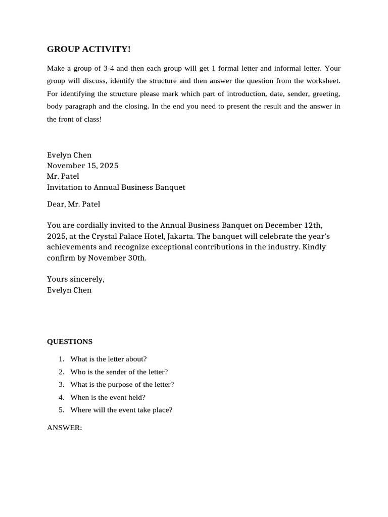 Group Activity Worksheet Formal Formal Banquet | PDF